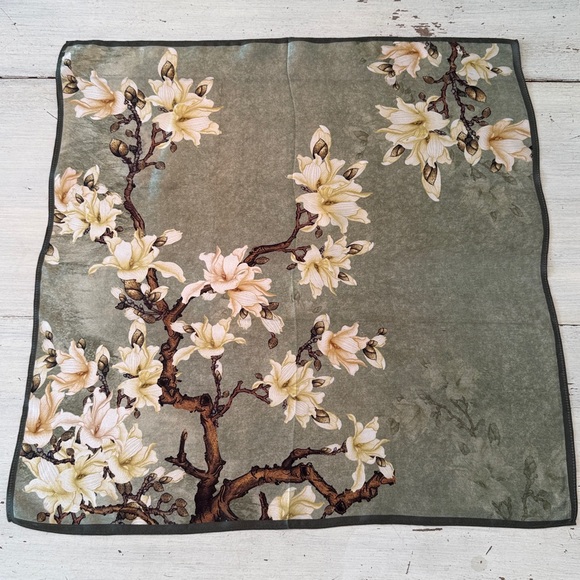 Mulberry 100% Silk Scarf White Magnolia Florals Green Scarf - 21” - Picture 2 of 8